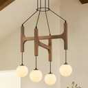 Farmhouse Wooden L24'' Chandelier Rustic Oak Wood Pendant Lights Mid Century 4-Light Milk Glass Globe Pendant Chandelier for Dining Room Kitchen Foyer Entryway Bedroom, G9