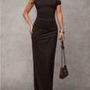 Verdusa Women's Off The Shoulder Dresses Asymmetrical Ruched Sleeveless Maxi Dress (Brown, S)