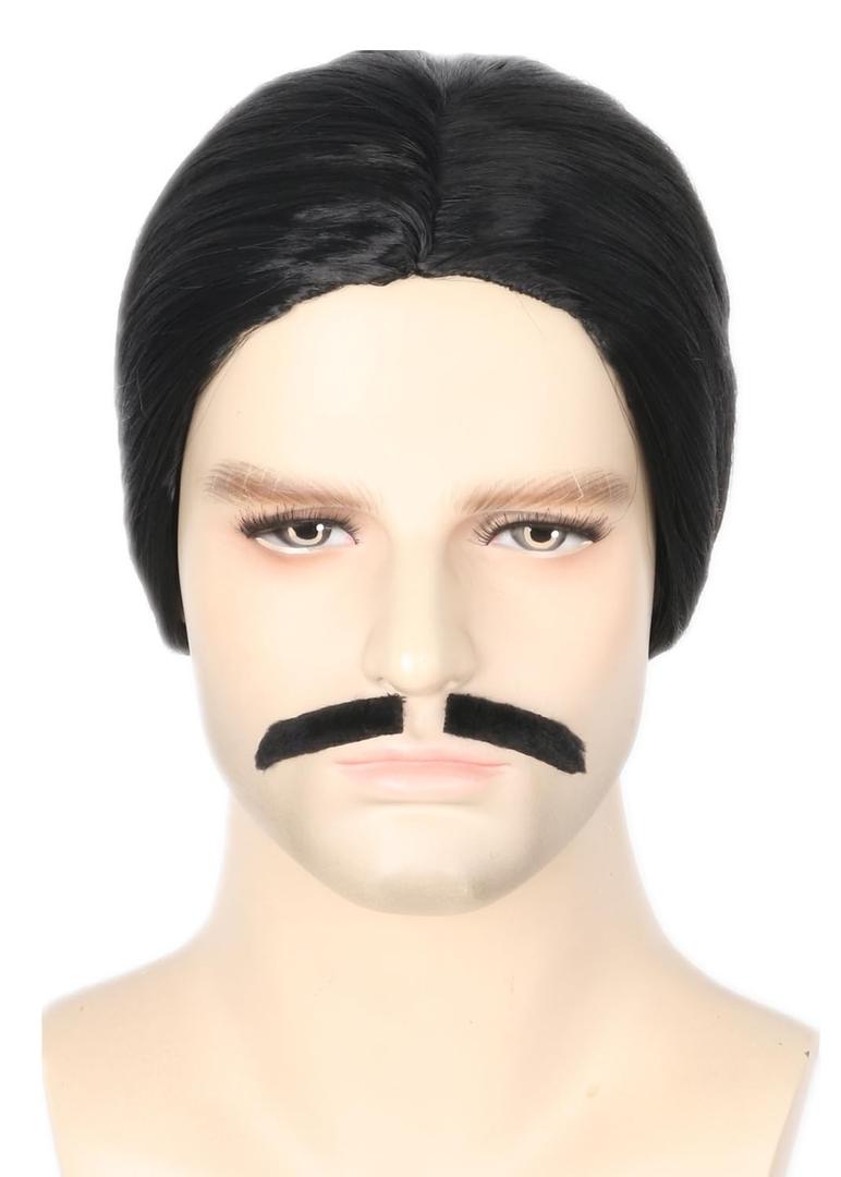 Men Wig with Mustache Black Short Wigs for Man Halloween Costume Party Cosplay Funny Wig (Pure Black)