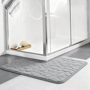 L-Shaped Bath Rug and Shower Mat, Corner Bath Rug for Bathtub, Non-Slip Absorbent Carpet for Bathroom Floor, Machine Washable Grey Shaggy Toilet Mat for Corner Showers (Pebble Grey)