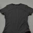 YEOREO Women Fitted Workout Tops Short Sleeve Double Lined Basic Y2K Going Out Crew Neck Compression Crop Top, Small