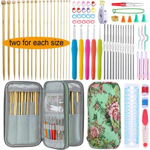 Mdoker 95pcs Knitting Needles Kit&Crochet Hooks Set 36 Straight Bamboo Knitting Needle 12 Small Size Lace Crochet Hook 5 Ergonomic Crochet Needles Knitting Set with Knitting Supplies&Accessories (Green)