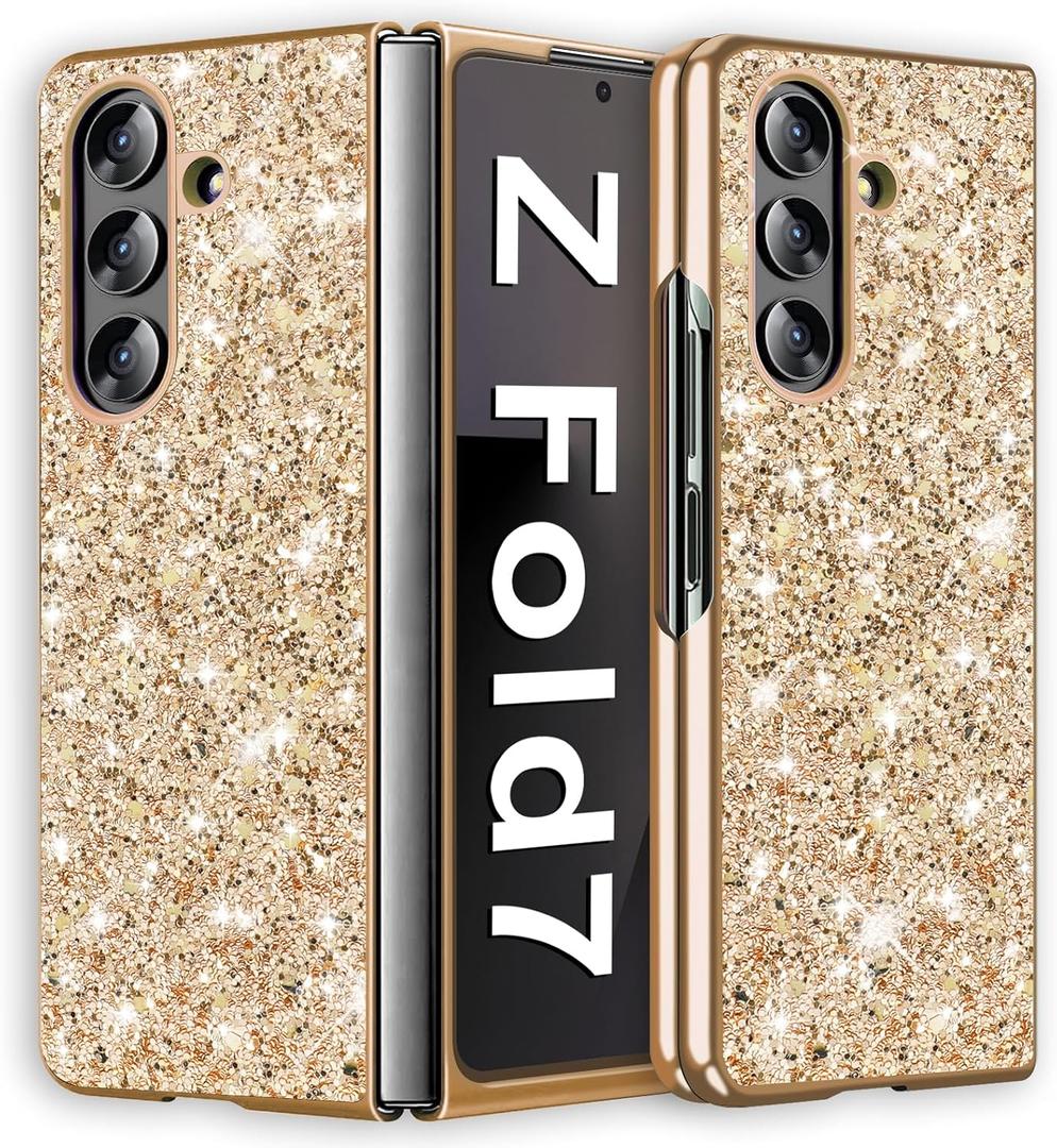 Z Fold 7 Glitter Case for Samsung Galaxy Z Fold7 5G Phone Case for Women Girls, Slim Ultra Thin Matte Back Shockproof Protective Cover for Samsung Z Fold 7 5G, 8.0" Crystal Bling Case (Gold)
