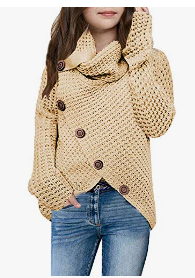 Girls Sweaters Button Turtle Cowl Neck Asymmetric Hem Wrap Pullover Sweaters for Girls Size 120