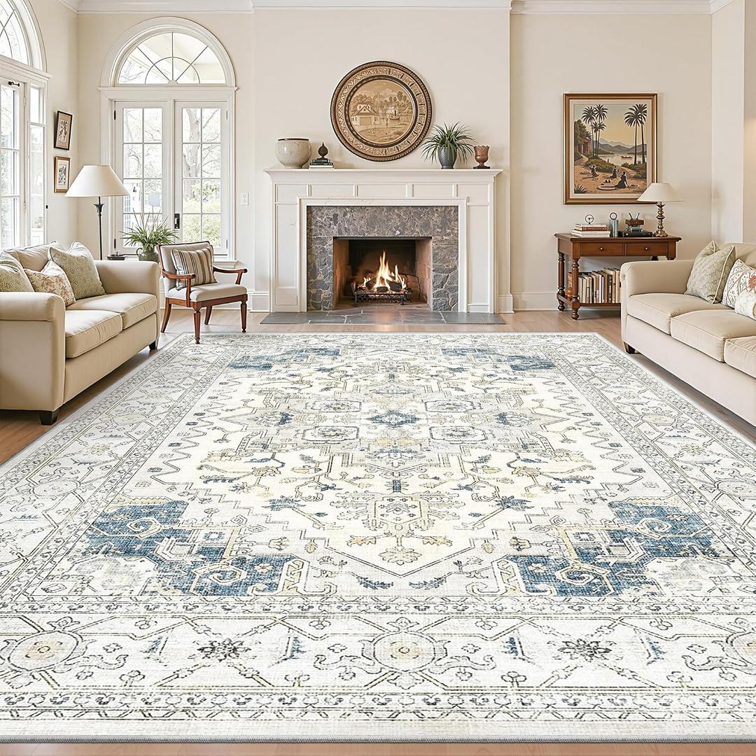 Living Room 10x14 Area Rugs, Washable Area Rug Stain Resistant Carpet Vintage Soft Rugs for Bedroom with Non Slip Backing Indoor Home Decor (10'x 14',BeigeBlue)