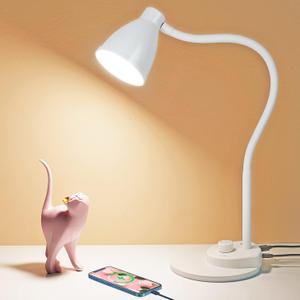 BOHON LED Desk Lamp with USB Charging Port, 3 Color Modes Dimmable Reading Lamp, Auto Dimming Task Lamp, Flexible Neck Table Light for Dorm Bedside, Adapter Include, White