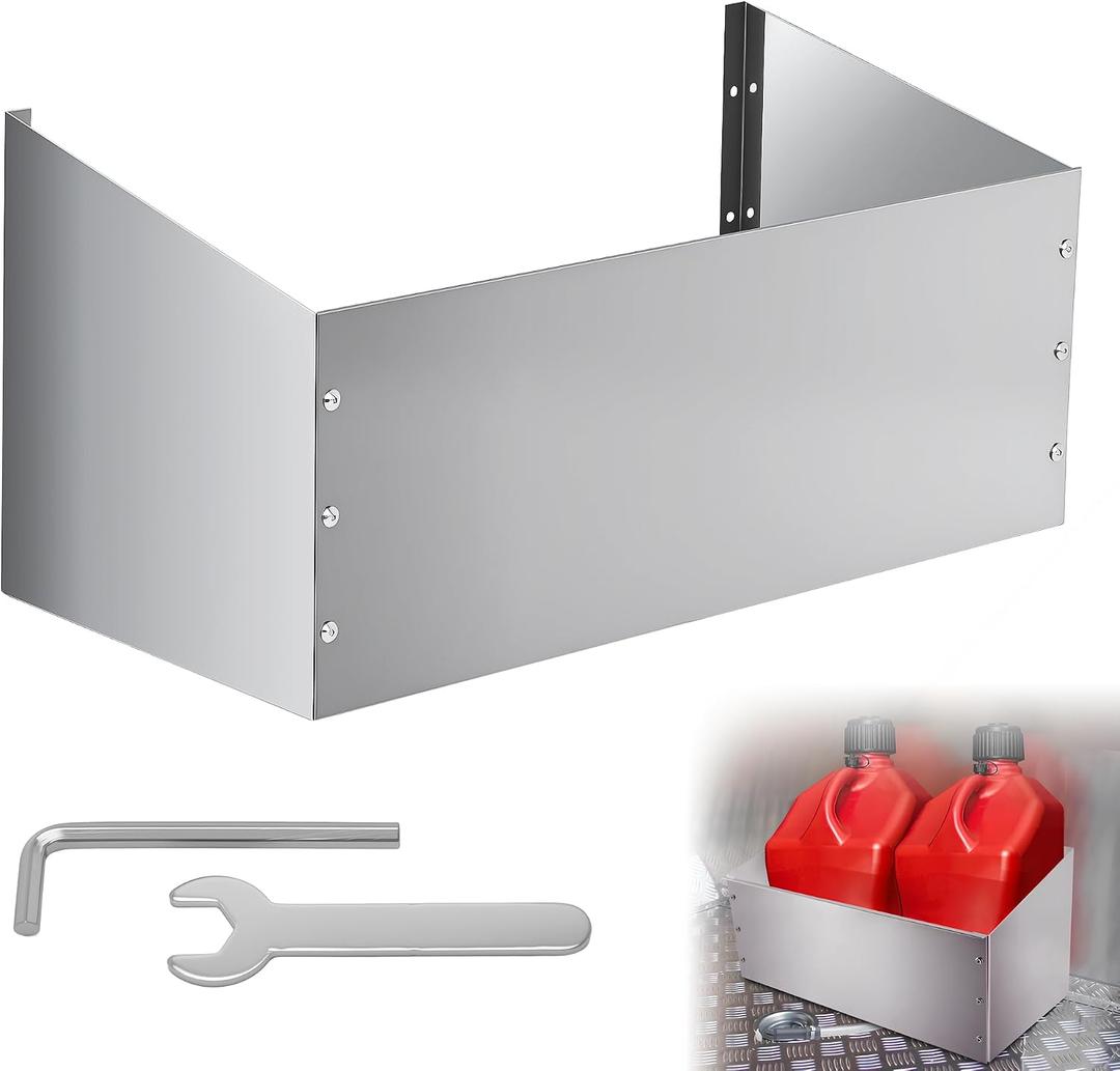 Aluminum Fuel Jug Holder Rack
Gas Can Mount fits Two 5 Gallon Fuel Containers with Base Dimensions Under 11 Inches, Trailer Gas Can Holder (Three-Sided)