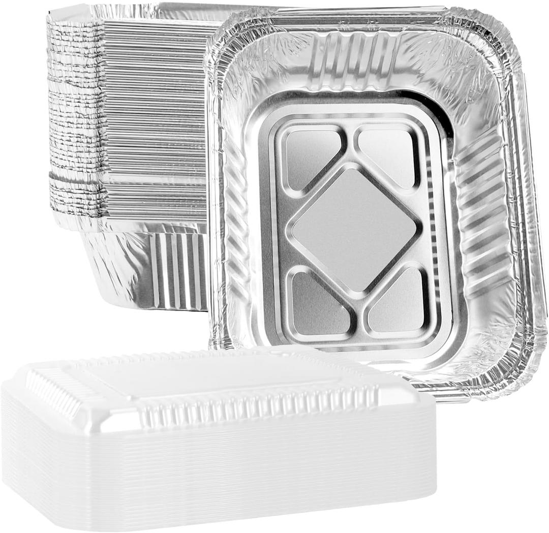 FUNSUEI 125 Pack 0.9 Lbs 5.7 x 4.8 x 1.7 Inch Disposable Aluminum Foil Pans with Clear Lids,Rectangle Aluminum Pans,Take Out Food Containers for Baking, Cooking, Heating, and Freezing