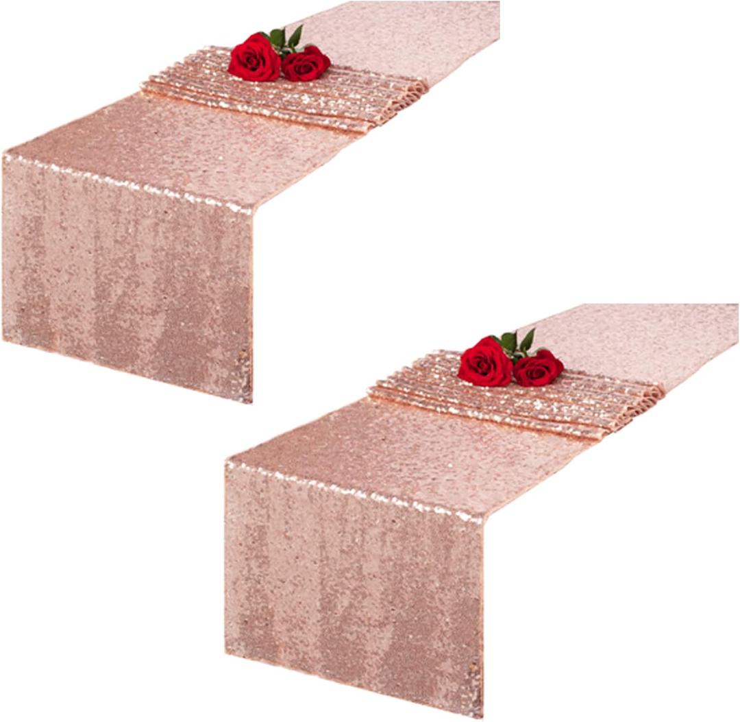 2 Pack Rose Gold Sequin Table Runners 12x72 Inch - Glitter Rose Gold Table Runner Gift Packing for Party Wedding Bridal Baby Shower Birthday Event Supplies Decorations