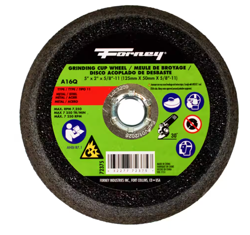 Forney 72375 Grinding Cup Wheel, Type 11 Flared Metal with 5/8-Inch-11 Threaded Arbor, A16Q, 5-Inch-by-2-Inch
