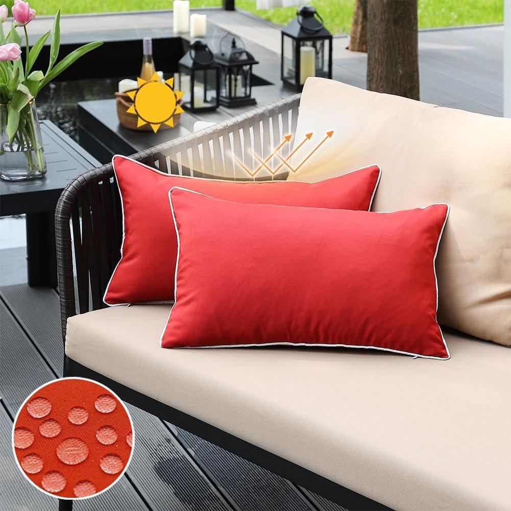 JOJOGOGO Red Outdoor Waterproof Sun Fade Resistant Lumbar Pillow Covers 12x20 Set of 2, Winter Christmas Red Lumbar Pillows 12 x 20 for Couch Porch Patio Furniture (with White Piping)