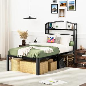 Twin XL Bed Frames with Headboard Metal Mattress Foundation 18 Inch Tall Bed Frame No Box Spring Needed Black Platform Bed Frame with Charging Station (18 Inch-A1, Twin XL)