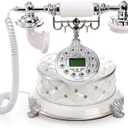 Jucoan Vintage Retro Landline Telephone, European Style Antique Old Fashioned Corded Phone Luxury Desktop Landline Telephone with Push Button LCD for Home Office Hotel Bar Decor, Elegant White