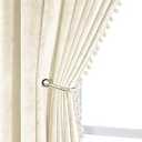 VANASEE Pompom Velvet Curtains for Bedroom Rod Pocket 52x90 inch Soft Blackout Window Curtains Room Darkening Drape Light Blocking for Living Room 2 Panels, Ivory