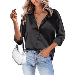 HOTOUCH Women Satin Silk Button Down Shirt Ladies Long Sleeve Tops V Neck Loose Blouse Dressy Business Casual Work Tunic Fall, XL