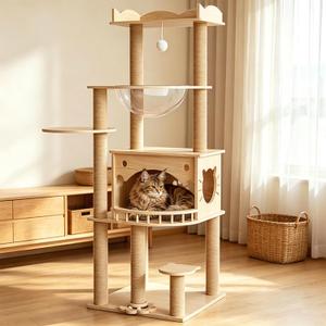 KVIDA 56.7" Solid Wood Cat Tree for Large Cats, Heavy Duty Cat Tower