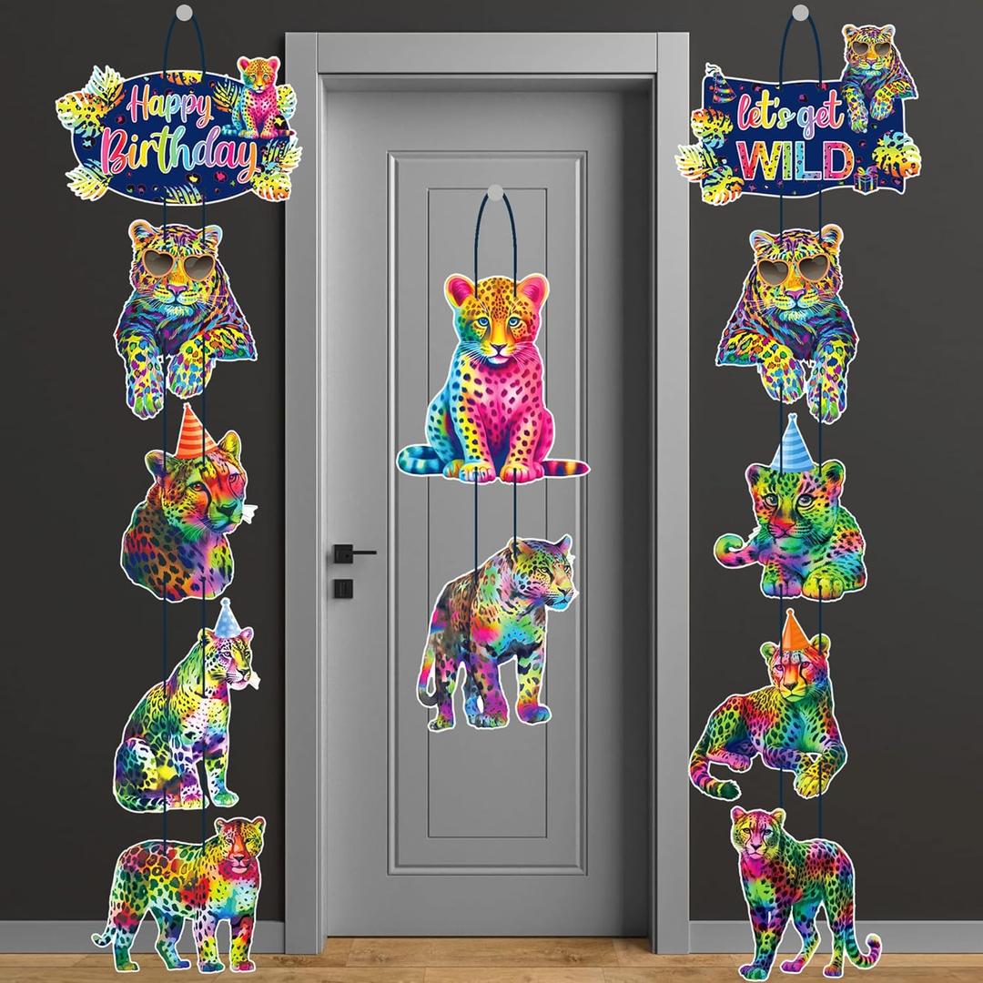 Rainbow Cheetah Party Door Sign Neon Leopard Birthday Decorations Cheetah Print Hanging Cutout Banners Rainbow Leopard Birthday Party Supplies for Animals Theme Baby Shower Door Decor