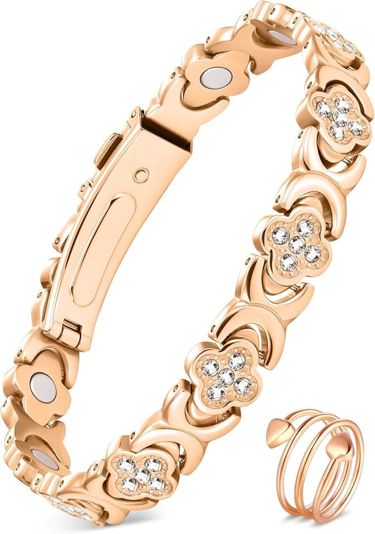 Feraco Pure Copper Bracelets & Rings for Women, Ultra Strength Magnetic Bracelet for Women with Neodymium Magnets & Sparkling Cubic Zirconia, Adjustable, Infinite Clover Jewelry (Rose Gold)