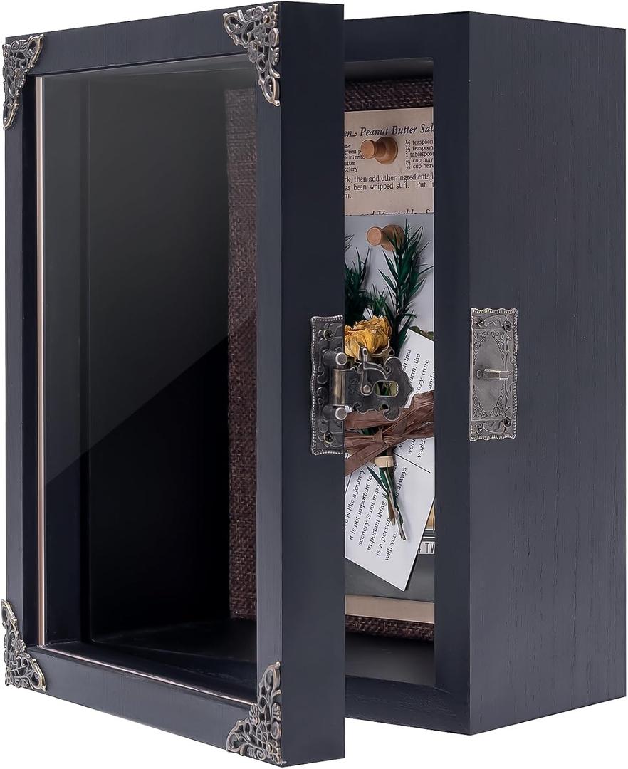 Deep Shadow Box Frame 8x10, 4.7in Depth Shadow Boxes Display Case with Soft Linen PIN Board, Vintage Charred Finish & Mortise-Tenon Joint, Retro Metal Hardware (Black)