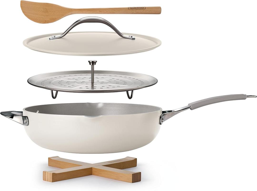 Tramontina All-in-One Plus Pan Set, 5-Quart Ceramic Non Stick Cooking Pan
Includes: Lid, Steamer Insert, Bamboo Utensil and Trivet - White