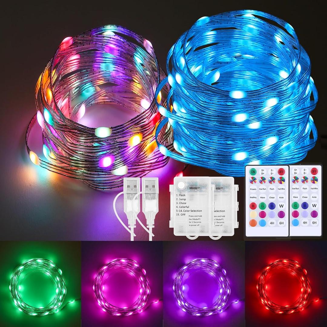 2 Pack Fairy Lights Battery Operated Color Changing String Lights with Remote, 16.4FT Twinkle Lights USB Plug or Battery Powered, Outdoor Christmas Decorations for Bedroom Wedding Party Indoor