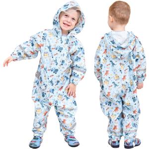 Kids Toddler Rain Suit for Boys Girls One Piece Hoodie Zipper Cartoon Waterproof Coverall Rain Jacket 1-10 Years (2-5T, Light Blue)