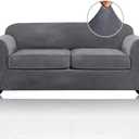 PrinceDeco Couch Cover Velvet Plush Sofa Covers for 2 Cushion Couch Width Up to 90 Inch Washable Furniture Protector Pet Friendly No Slip Sofa Slipcover(Medium-Large, Grey)