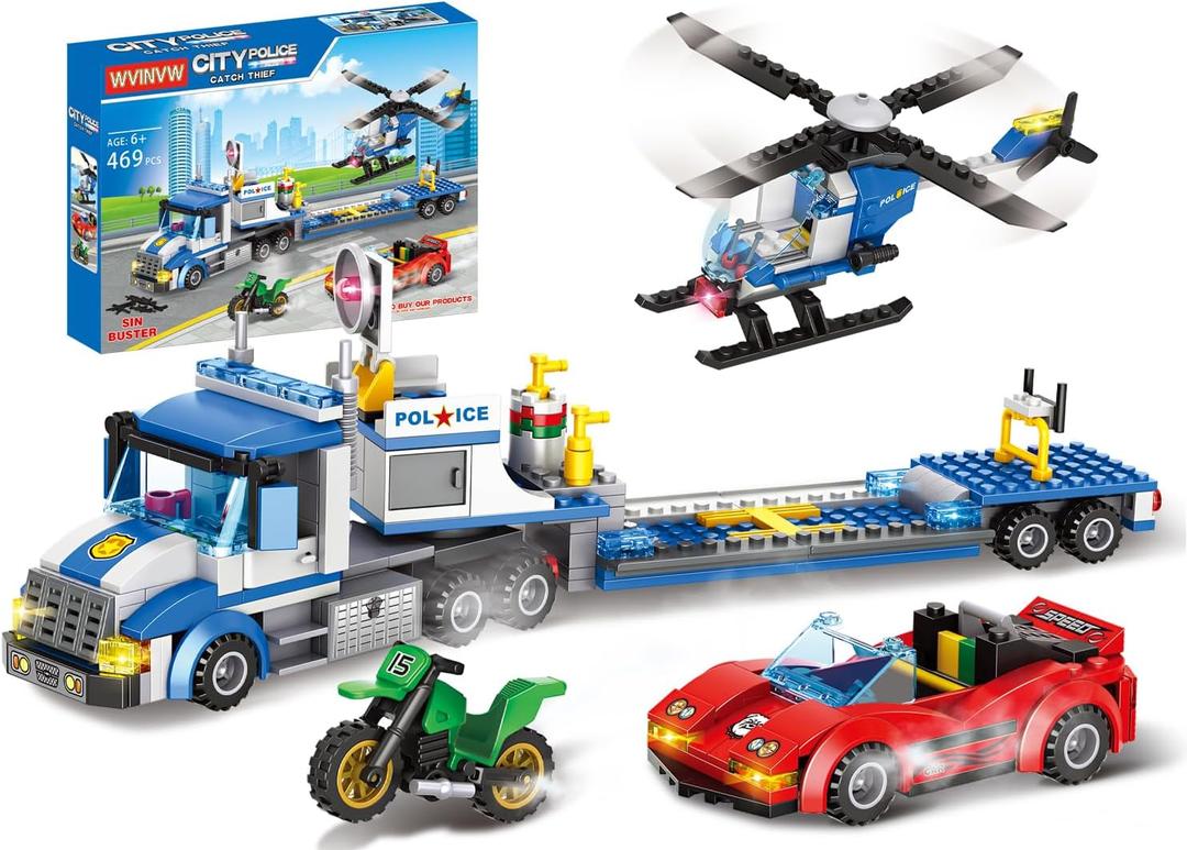 City Police Truck and Trailer Building Set, Helicopter, Car, Motorcycle, Police Chase Building Blocks Toy Set Gift for Boys Aged 6-12, 469 PCS