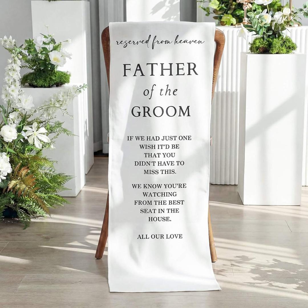 HunnmingRe Groom Father Wedding Memorial Reserved Chair Sign Banner in Loving Memory of Parents Celebrating from Heaven Wedding Linen Memorial Sign Sympathy Gift for Loss Seat