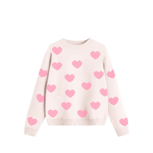 Women's Love Heart Sweater Long Sleeve Multi-Heart Print Regular Fit Knit Top Size S
