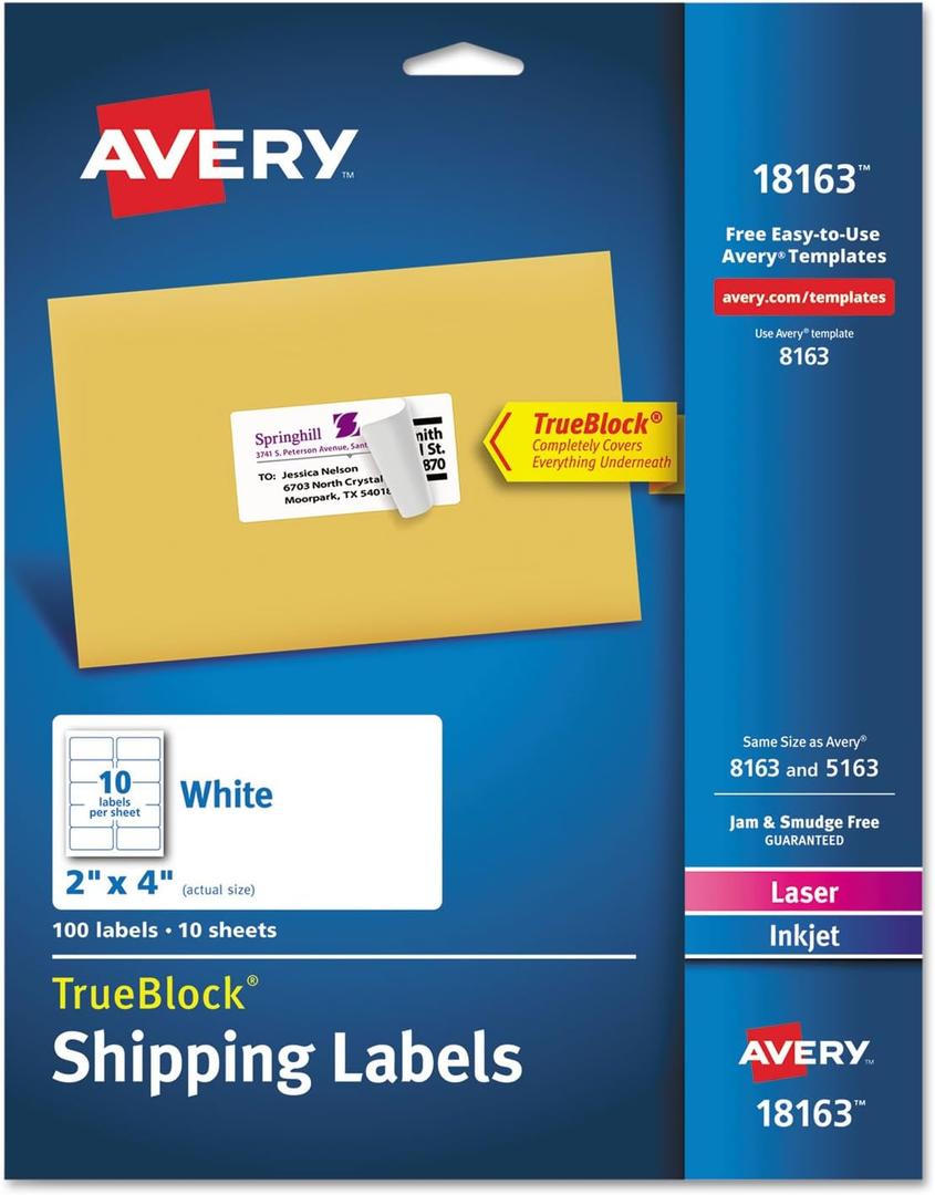 Avery 18163 Shipping Labels with TrueBlock Technology, Inkjet, 2 x 4, White, 100/Pack