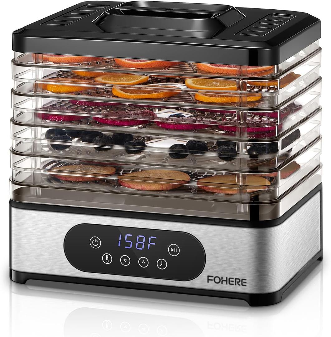 FOHERE Food Dehydrator, 5 BPA-Free Tray Dehydrators for Food and Jerky, Fruit, Herbs, Meat, Dog Treats, 48H Timer and 95-158F Temperature Control, 400W Dehydrator Machine, 11.42" Stackable Trays