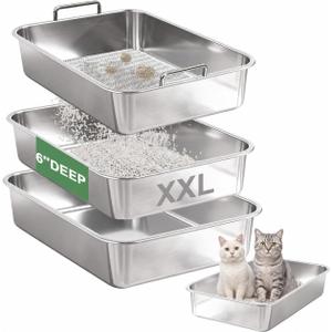 Stainless Steel Sifting Litter Box for Clumping Clay Litter,XXL-23.6''L x 15.7''W x 6''H,No Scooping Sifter Tray for Multi-Cat Homes,Durable&Odor-Free