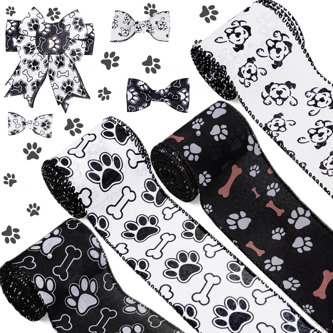 4 Rolls 24 Yards Dog Ribbon 2.5 Inch Wired Paw Print Wired Ribbon for Christmas DIY Wrapping Wedding Floral Bows Decor Home Party Ornaments (Dog Paw)
