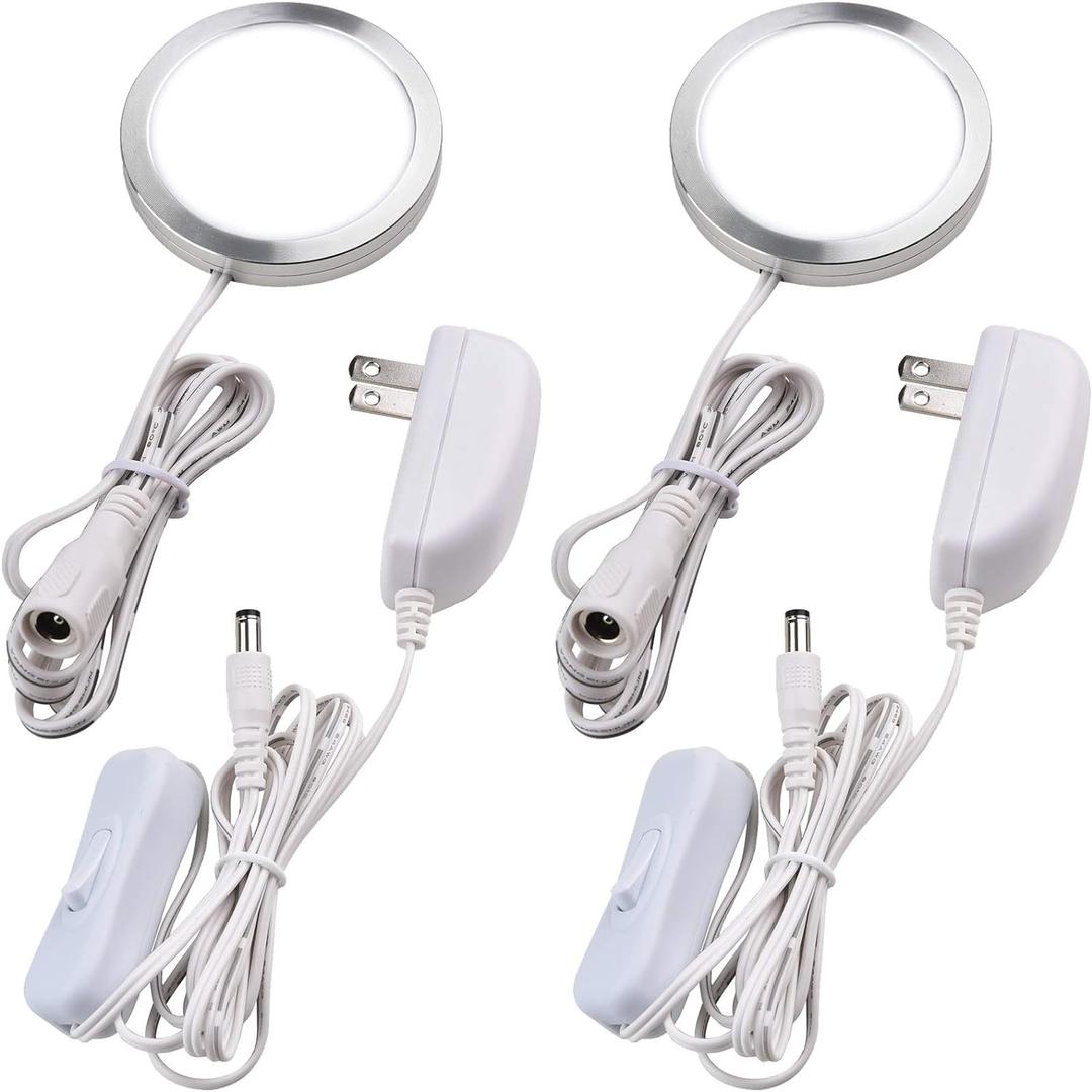 Single Under Cabinet Puck Light, Collection Display Cases Bookshelf Counter LED Lighting, 120V Electric Wired Wall Plug in, On Off Switch, White Cords, 2 Packs, Daylight