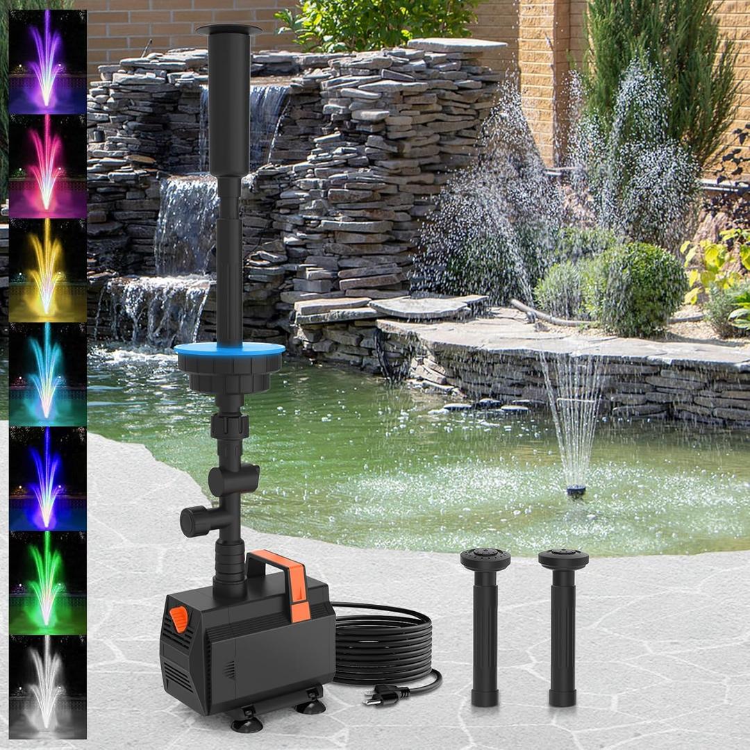 AquaMiracle Pond Fountain Pump with Automatic Colorful LED for Outdoor Ponds 200-600 Gal, 600GPH Submersible Water Pump for Fountain, Pond, Garden, Water Feature, Bird Baths