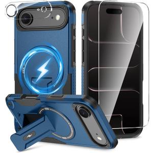 3 in 1 for iPhone Air Case [Compatible with MagSafe] [Invisible Kickstand] [HD Screen Protector] [Camera Lens Protector], Protective Magnetic Phone Cover for iPhone 17 Air (Blue)