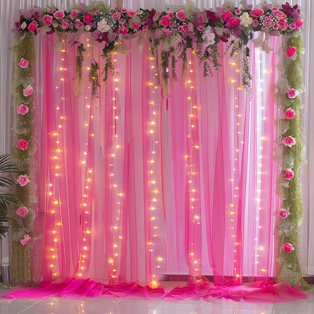 10x10ft Hot Pink Tulle Backdrop Curtain with Lights String for Parties, Sheer Backdrop Curtains for Wedding Baby Shower Birthday Party Photo Shoot Decorations (10ft x 10ft, Set of 2 Panels 5*10ft)