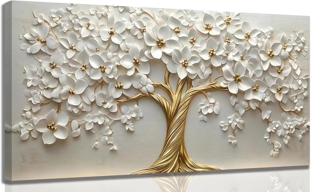 Large Tree of Life Canvas Wall Art,Gold Flower Painting Picture Wall Decor,Elegant Trees Poster Print Artwork for Living Room Bedroom Office Home Decoration 16 x32 inches