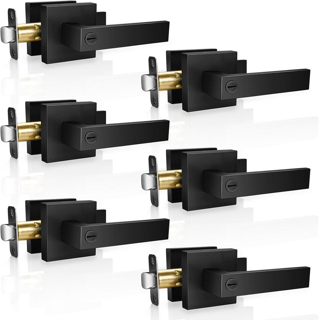 Privacy Door Levers, 6 Pack Matte Black Door Handles, Keyless Interior Door Knobs with Lock for Bedroom Bathroom, Heavy Duty Square Door Lock, Reversible for Left Right Handled Doors