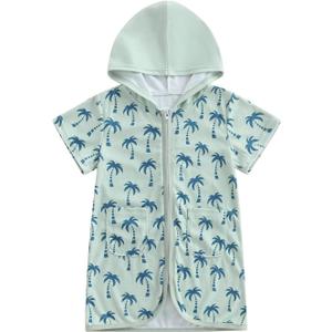 Toddler Boy Terry Cloth Swim Cover Up Tree/Dinosaur Print Zip Up Hooded Towel Coverup Little Kids Pool Beach Kimono, Size 110