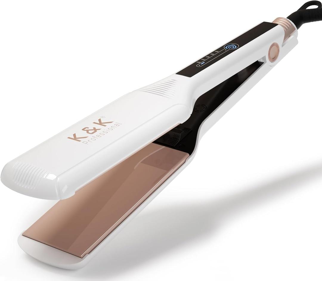 K&K 2.25 Inch Flat Iron Hair Straightener, Professional Extra Wide Hair Straighteners for Therapy Keratin, 3D Floating Ceramic Tourmaline Coating Plate Irons for Thick Hair, Damage and Frizz (White)
