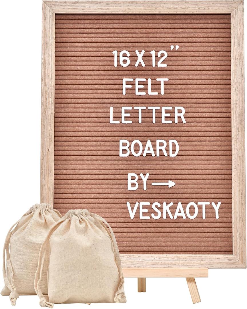 Felt Letter Board with 402 Letters, Numbers & Symbols - 12 x 16 inch Large Changeable Message Board with Wooden Frame Wall Mount Hook, 2 Canvas Bags, Wood Stand (Brown)