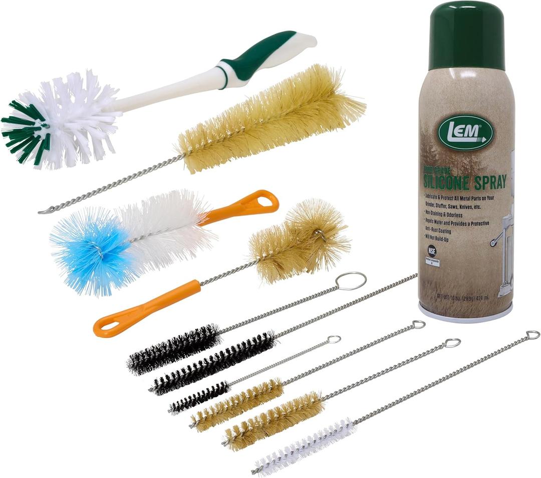 LEM Products Meat Grinder Cleaning Kit, Includes Brushes and Food Grade Silicone Spray, 10 Brushes and 10 Oz. Can Silicone Spray