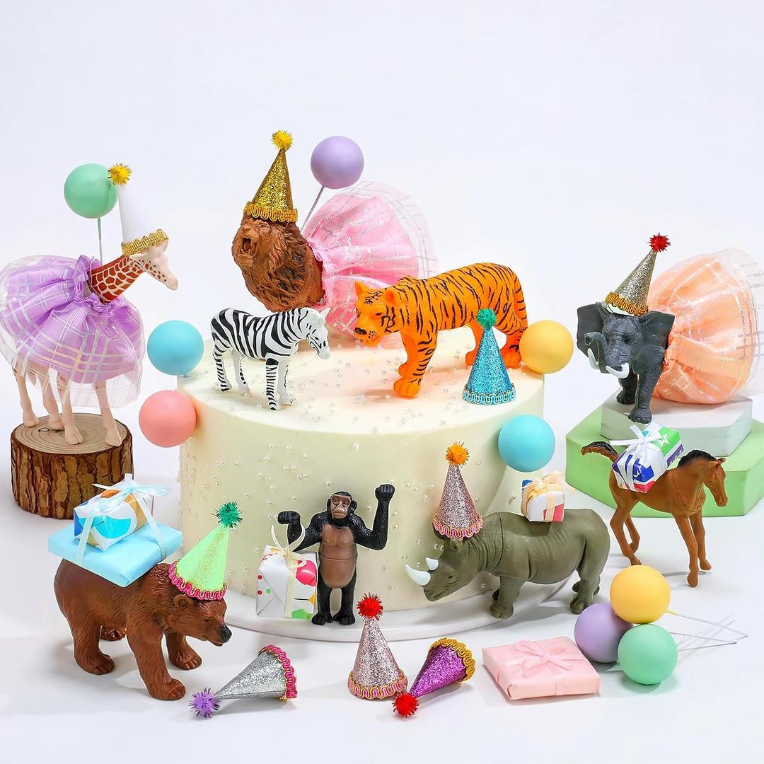 Weysat 41 Pcs Jungle Animals Cake Topper Woodland Figures Birthday Party Decorations with Mini Hat and Skirt Colorful Balls Small Gift Boxes Forest Cake Toppers for Wild Animals Themed Party
