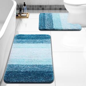 Arotive Bathroom Rugs Sets 2 Piece, Soft Absorbent Microfiber Bath Mats and U-Shaped Contour Toilet Rug, Non-Slip Machine Washable Dry Bath Mats for Bathroom, 30x20 and 24x20, Peacock Blue