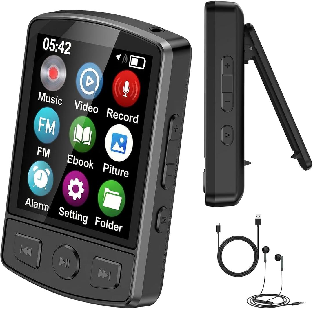 Fohil 64GB MP3 Player with Bluetooth 5.2 and Built-in Clip | HiFi Audio, 128GB TF Card Expansion, FM Radio and Recording, 1.2 oz Compact Design, E-Book Reader and Speaker