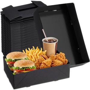 Chinco 100 Pieces Paperboard Kraft Food Trays 4 Corner Pop up Food Tray Disposable Foldable Cardboard Movie Night Snack Party Container Box for Holding Drink at Stadiums or Theaters (Black)