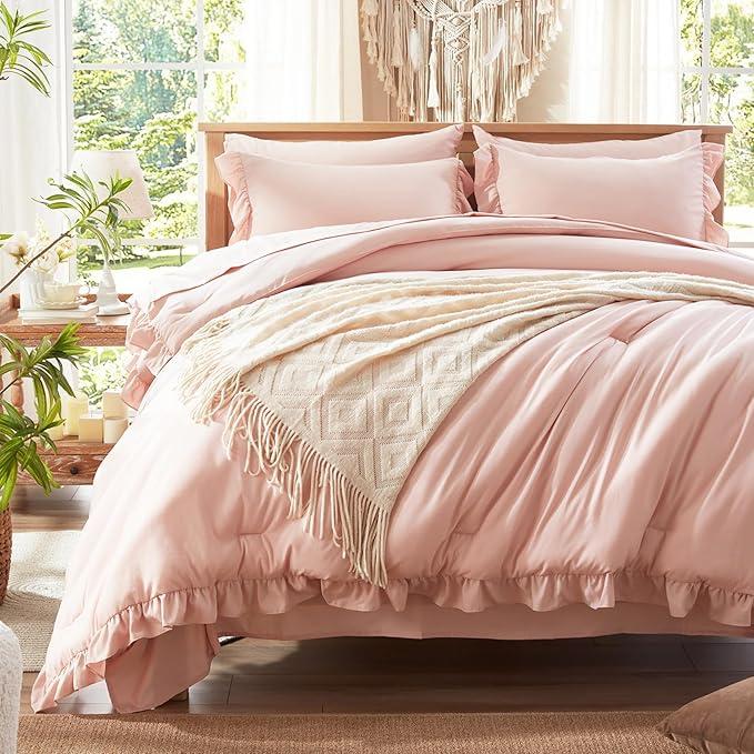 Anluoer Full Comforter Set 7 Piece, White Bed in a Bag with Sheets, All Season Ruffle Shabby Chic Bedding Sets with 1 Comforter, 2 Pillow Shams, 2 Pillowcases, 1 Flat Sheet, 1 Fitted Sheet | Softness, High Quality, Warmth, Comfort, OEKO, 1-blush-ruffle