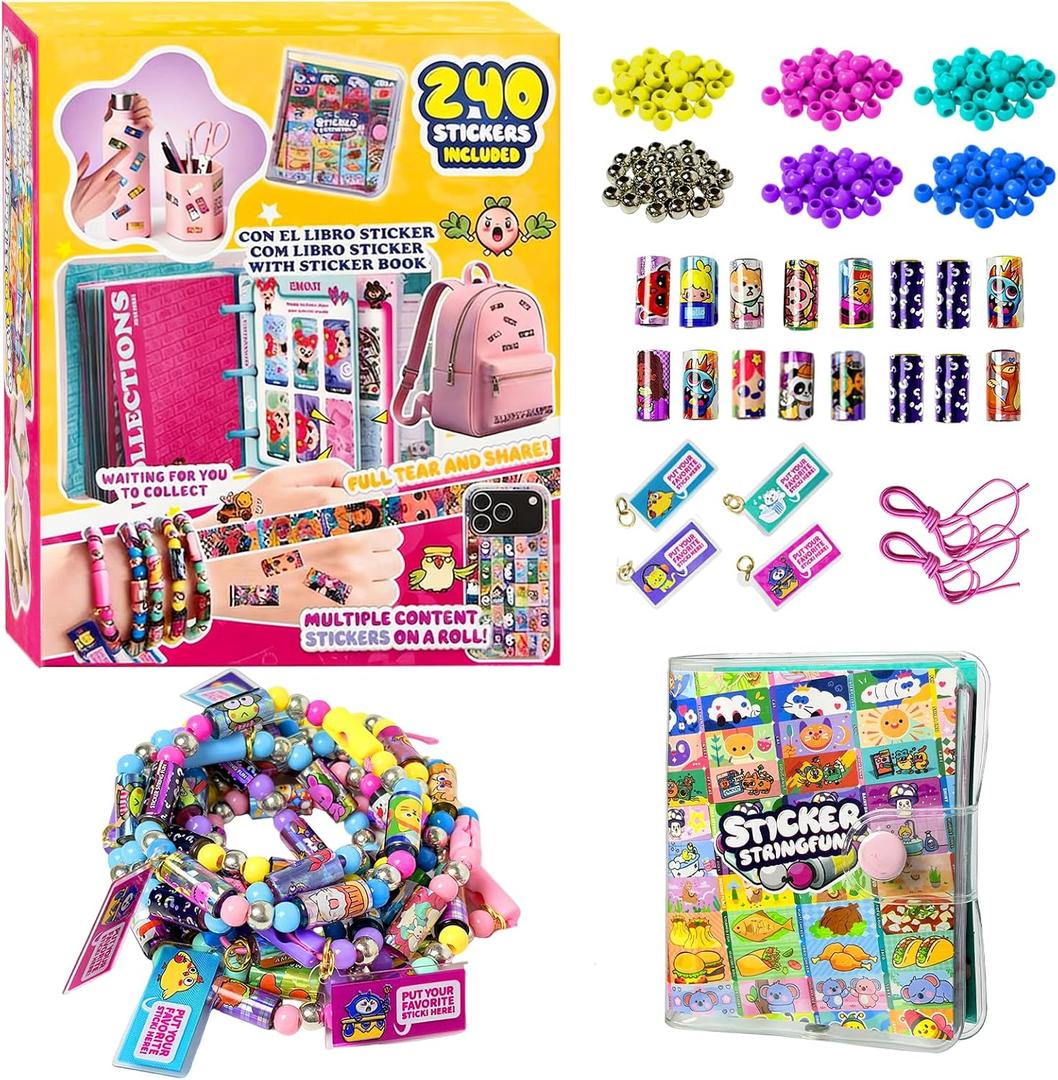 Sticker Bracelet Kit with Collection Book, 240 Mini Stickers Set, Wearable & Shareable Sticker Rolls, Kids Beading Set for Bracelet & Necklace Making, 1000+ Designs (6X Drop)